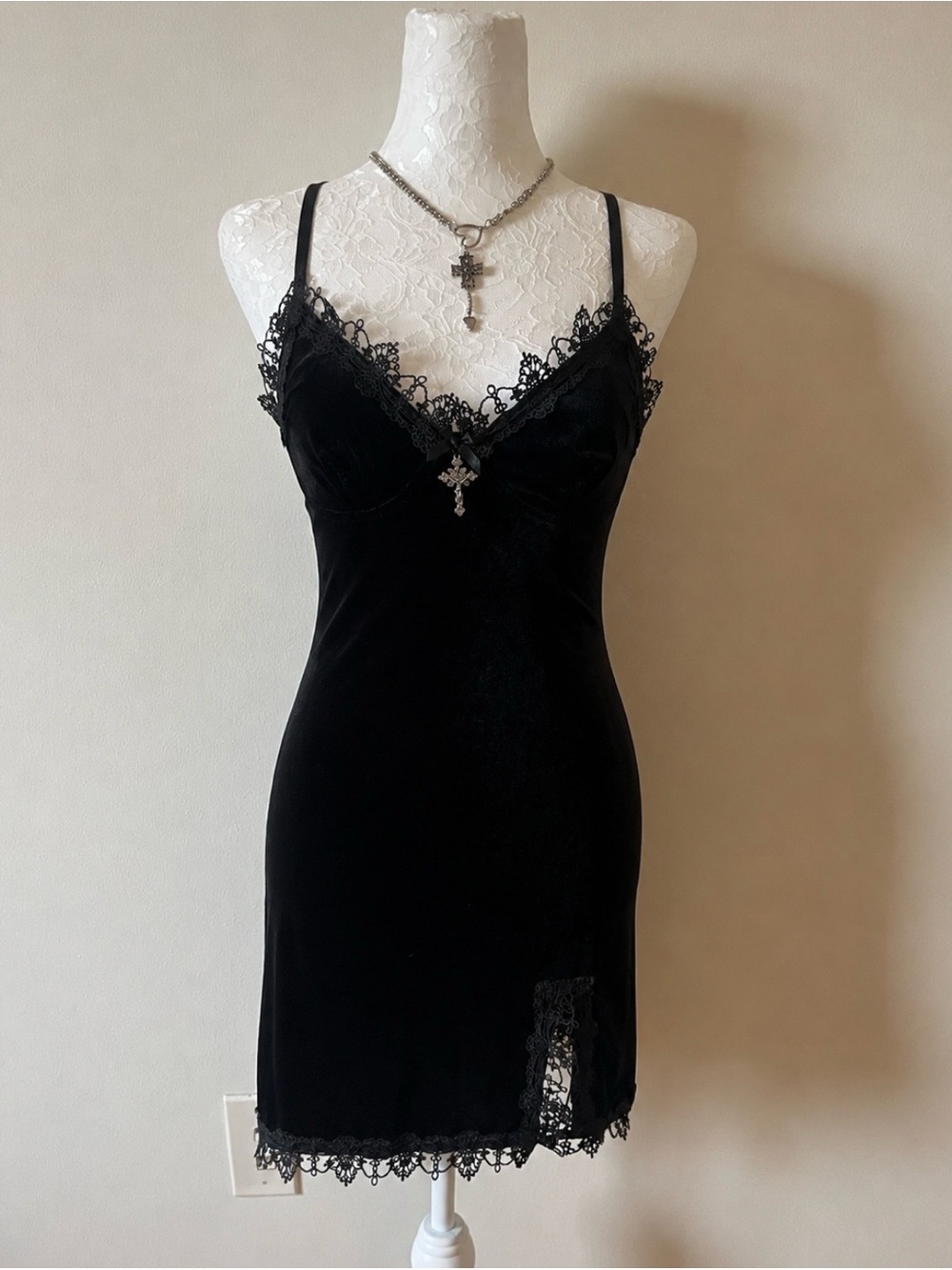 Black Velvet Lace Cross Charm Mini Dress